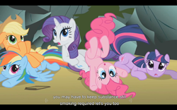 Size: 1024x640 | Tagged: safe, derpibooru import, screencap, applejack, pinkie pie, rainbow dash, rarity, twilight sparkle, earth pony, pegasus, pony, unicorn, dragonshy, youtube caption