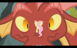 Size: 1024x640 | Tagged: safe, derpibooru import, screencap, basil, fluttershy, dragon, pegasus, pony, dragonshy, youtube caption