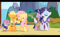 Size: 1024x640 | Tagged: safe, derpibooru import, screencap, applejack, clover the clever, fluttershy, princess platinum, private pansy, rarity, smart cookie, spike, twilight sparkle, dragon, earth pony, pegasus, pony, unicorn, hearth's warming eve (episode), hearth's warming eve, youtube caption