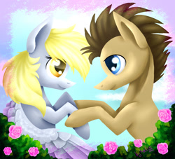 Size: 2200x2000 | Tagged: safe, artist:lol-katrina, derpy hooves, doctor whooves, earth pony, pegasus, pony, colored pupils, doctorderpy, female, flower, holding hooves, looking at each other, male, mare, shipping, stallion, straight