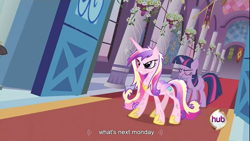 Size: 1366x768 | Tagged: safe, screencap, princess cadance, twilight sparkle, alicorn, pony, hub logo, youtube caption, youtube link