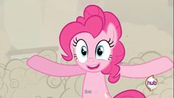 Size: 1366x768 | Tagged: safe, derpibooru import, screencap, pinkie pie, earth pony, pony, a canterlot wedding, doomie, first, solo, youtube caption, youtube link