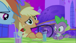 Size: 1366x768 | Tagged: safe, derpibooru import, screencap, applejack, earth pony, pegasus, pony, female, mare, youtube caption, youtube link