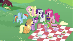 Size: 1366x768 | Tagged: safe, derpibooru import, screencap, applejack, fluttershy, pinkie pie, rainbow dash, rarity, spike, twilight sparkle, dragon, earth pony, pegasus, pony, unicorn, a canterlot wedding, picnic, youtube caption, youtube link