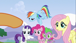 Size: 1366x768 | Tagged: safe, derpibooru import, screencap, applejack, fluttershy, pinkie pie, rainbow dash, rarity, earth pony, pegasus, pony, unicorn, youtube caption, youtube link