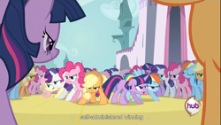 Size: 1366x768 | Tagged: safe, derpibooru import, screencap, applejack, fluttershy, pinkie pie, rainbow dash, rarity, twilight sparkle, earth pony, pegasus, pony, unicorn, a canterlot wedding, youtube caption, youtube link