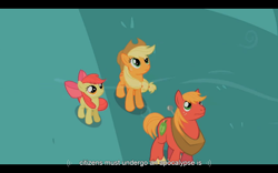 Size: 1024x640 | Tagged: safe, derpibooru import, screencap, apple bloom, applejack, big macintosh, earth pony, pony, family appreciation day, male, stallion, youtube caption