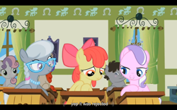 Size: 1024x640 | Tagged: safe, screencap, apple bloom, diamond tiara, silver spoon, sweetie belle, truffle shuffle, twist, earth pony, pony, family appreciation day, colt, male, meme, ponyville schoolhouse, youtube caption