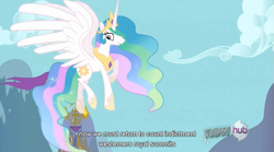 Size: 763x423 | Tagged: safe, screencap, princess celestia, alicorn, pony, keep calm and flutter on, female, horn, mare, multicolored mane, solo, white coat, youtube caption