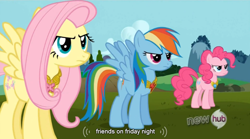 Size: 764x426 | Tagged: safe, derpibooru import, screencap, fluttershy, pinkie pie, rainbow dash, earth pony, pegasus, pony, keep calm and flutter on, youtube caption