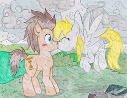 Size: 1024x788 | Tagged: safe, artist:pixiedustandfairies, derpy hooves, doctor whooves, earth pony, pegasus, pony, blushing, doctorderpy, eyes closed, female, kissing, male, mare, shipping, stallion, straight, traditional art