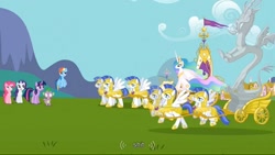 Size: 1024x577 | Tagged: safe, derpibooru import, screencap, discord, pinkie pie, princess celestia, rainbow dash, rarity, spike, twilight sparkle, alicorn, dragon, earth pony, pegasus, pony, unicorn, keep calm and flutter on, royal guard, vulgar, youtube caption