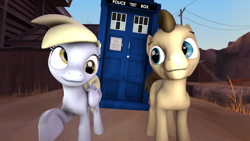 Size: 1024x576 | Tagged: safe, artist:goldenmatt15, derpy hooves, doctor whooves, pony, 3d, doctor who, doctorderpy, female, male, shipping, straight, tardis