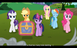 Size: 1024x640 | Tagged: safe, derpibooru import, screencap, applejack, fluttershy, pinkie pie, rainbow dash, rarity, twilight sparkle, earth pony, pegasus, pony, unicorn, keep calm and flutter on, youtube caption