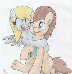 Size: 2552x2632 | Tagged: safe, artist:sonic-spatula, derpy hooves, doctor whooves, pony, doctorderpy, female, hug, male, shipping, straight, traditional art