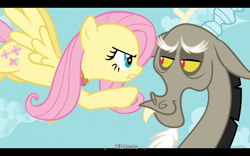 Size: 1024x640 | Tagged: safe, derpibooru import, screencap, discord, fluttershy, pegasus, pony, keep calm and flutter on, youtube caption