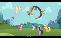 Size: 1024x640 | Tagged: safe, derpibooru import, screencap, applejack, discord, fluttershy, pinkie pie, rainbow dash, rarity, twilight sparkle, earth pony, pegasus, pony, unicorn, keep calm and flutter on, youtube caption