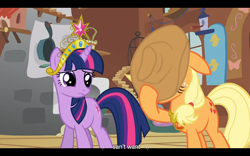 Size: 1024x640 | Tagged: safe, derpibooru import, screencap, applejack, twilight sparkle, earth pony, pony, keep calm and flutter on, do not want, youtube caption