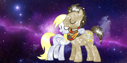 Size: 1366x685 | Tagged: safe, artist:mlpsonic156, derpy hooves, doctor whooves, clothes, doctorderpy, eyes closed, female, male, mare, scarf, shipping, stallion, straight, wallpaper