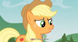 Size: 1589x863 | Tagged: safe, derpibooru import, screencap, applejack, earth pony, pony, female, mare, solo, youtube caption, youtube link