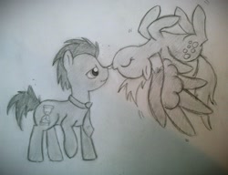 Size: 2546x1952 | Tagged: safe, artist:cartoonboyfriends, derpy hooves, doctor whooves, pony, doctorderpy, eyes closed, female, male, mare, shipping, sketch, stallion, straight, tongue out, traditional art