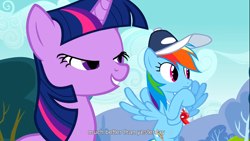 Size: 1366x768 | Tagged: safe, derpibooru import, screencap, rainbow dash, twilight sparkle, pegasus, pony, unicorn, hurricane fluttershy, duo, duo female, female, hat, lidded eyes, mare, whistle, whistle necklace, youtube caption