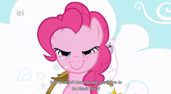 Size: 852x472 | Tagged: safe, derpibooru import, screencap, gilda, pinkie pie, earth pony, griffon, pony, griffon the brush off, duo, duo female, female, mare, youtube caption