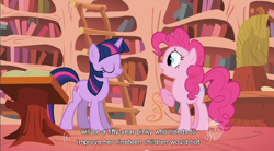 Size: 854x473 | Tagged: safe, derpibooru import, screencap, pinkie pie, twilight sparkle, earth pony, pony, unicorn, griffon the brush off, duo, duo female, female, golden oaks library, mare, raised hoof, youtube caption