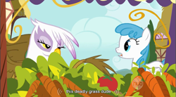 Size: 857x472 | Tagged: safe, screencap, gilda, lightning bolt, white lightning, griffon, pegasus, pony, griffon the brush off, duo, duo female, ei, female, hub logo, mare, youtube caption