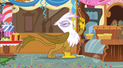 Size: 855x471 | Tagged: safe, screencap, gilda, griffon, griffon the brush off, drugs, eyes closed, female, meme, solo, sugarcube corner, youtube caption