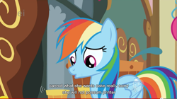 Size: 853x476 | Tagged: safe, derpibooru import, screencap, rainbow dash, pegasus, pony, griffon the brush off, female, mare, solo, sugarcube corner, youtube caption