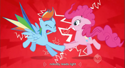 Size: 857x470 | Tagged: safe, derpibooru import, screencap, pinkie pie, rainbow dash, earth pony, pegasus, pony, griffon the brush off, duo, duo female, female, joy buzzer, mare, youtube caption