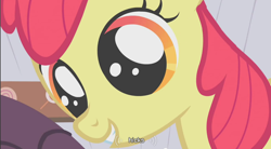 Size: 856x472 | Tagged: safe, edit, edited screencap, screencap, apple bloom, earth pony, pony, call of the cutie, caption, female, filly, solo, youtube caption
