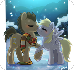 Size: 1080x1024 | Tagged: safe, artist:caramelcorgi, derpy hooves, doctor whooves, pony, clothes, doctorderpy, female, male, scarf, shipping, straight