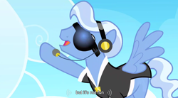 Size: 852x472 | Tagged: safe, screencap, madden, pegasus, pony, sonic rainboom (episode), headset, male, solo, stallion, sunglasses, youtube caption