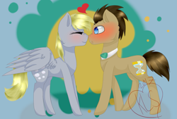 Size: 1381x934 | Tagged: safe, artist:kittynightsky, derpy hooves, doctor whooves, earth pony, pegasus, pony, blushing, boop, cute, doctorderpy, eyes closed, female, heart, male, mare, noseboop, nuzzling, shipping, stallion, straight