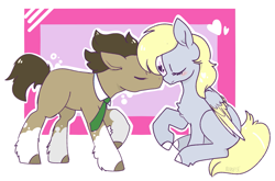 Size: 1455x961 | Tagged: safe, artist:burrase-and-ross, derpy hooves, doctor whooves, earth pony, pegasus, pony, blushing, doctorderpy, eyes closed, female, folded wings, heart, kissing, male, mare, missing cutie mark, shipping, sitting, smiling, stallion, straight, unshorn fetlocks