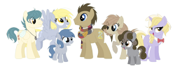 Size: 1344x563 | Tagged: safe, artist:thepegasisterpony, derpy hooves, dinky hooves, doctor whooves, oc, oc:ocean ace, oc:praline, oc:whistle wings, earth pony, pegasus, pony, unicorn, bowtie, clothes, doctorderpy, female, filly, half-siblings, male, offspring, older, parent:derpy hooves, parent:doctor whooves, parent:feather bangs, parents:doctorderpy, scarf, shipping, simple background, stallion, straight, transparent background, unnamed oc