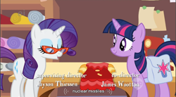 Size: 858x474 | Tagged: safe, derpibooru import, screencap, rarity, twilight sparkle, pony, unicorn, suited for success, bag, clothes, dress, glasses, missile, nuclear weapon, rarity's glasses, saddle bag, too poofy, weapon, youtube caption