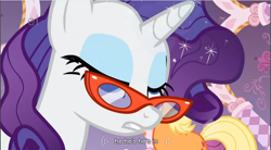 Size: 858x474 | Tagged: safe, derpibooru import, screencap, applejack, rarity, earth pony, pony, unicorn, glasses, rarity's glasses, youtube caption