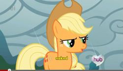 Size: 611x352 | Tagged: safe, derpibooru import, screencap, applejack, earth pony, pony, look before you sleep, hub logo, solo, we don't normally wear clothes, youtube caption