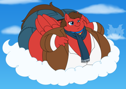 Size: 1698x1197 | Tagged: safe, artist:jouigidragon, oc, oc:redbow rose, anthro, pegasus, anthro oc, big breasts, breasts, clothes, cloud, collar, fat, huge belly, huge breasts, obese, pegasus oc, scarf, sky