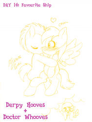 Size: 1280x1696 | Tagged: safe, artist:shinta-girl, derpy hooves, doctor whooves, doctorderpy, dream, februpony, female, male, monochrome, shipping, straight, traditional art