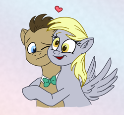 Size: 454x419 | Tagged: safe, alternate version, artist:snowstoat, derpy hooves, doctor whooves, cute, derpabetes, doctorderpy, female, gradient background, heart, hug, male, one eye closed, shipping, straight