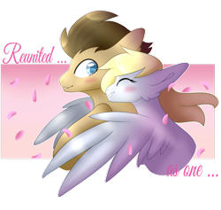 Size: 1024x972 | Tagged: safe, artist:kiara-kitten, derpy hooves, doctor whooves, pony, doctorderpy, female, hug, male, petal, shipping, simple background, straight, transparent background, winghug