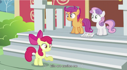 Size: 853x473 | Tagged: safe, edit, edited screencap, screencap, apple bloom, scootaloo, sweetie belle, earth pony, pegasus, pony, unicorn, ponyville confidential, caption, cutie mark crusaders, female, filly, ponyville schoolhouse, wat, youtube caption