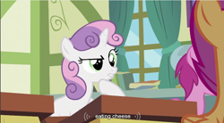 Size: 856x472 | Tagged: safe, screencap, sweetie belle, pony, unicorn, female, filly, solo, youtube caption