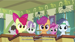 Size: 853x475 | Tagged: safe, edit, edited screencap, screencap, apple bloom, ruby pinch, scootaloo, shady daze, sweetie belle, truffle shuffle, earth pony, pony, ponyville confidential, caption, colt, cutie mark crusaders, male, ponyville schoolhouse, wat, youtube caption