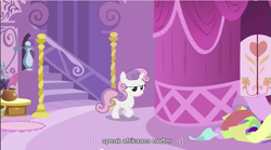 Size: 855x475 | Tagged: safe, screencap, sweetie belle, pony, unicorn, female, filly, solo, youtube caption