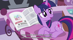 Size: 854x472 | Tagged: safe, screencap, twilight sparkle, pony, unicorn, female, mare, purple coat, solo, youtube caption